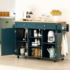 HLR Kitchen Island On Wheels, Dark Green Rolling Kitchen Islands Cart with Drop Leaf Countertop, Barn Door Kitchen Island with Storage Cabinet and Tower Rack, Island Table for Kitchen