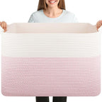 XXXL Large Blanket Basket, 108L Cotton Rope Storage Basket for Living Room, Supre Large Toy Baskets for Kids, Woven Basket for Clothes, Towels, Pillows, 25" x 16" x 16", Pink and White