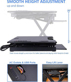 Rocelco 46" Height Adjustable Standing Desk Converter - Desktop AC USB Charger - Sit Stand Up Triple Monitor Riser - Tall Computer Workstation - Retractable Keyboard Tray - Black (R DADRB-46-ACUSB)
