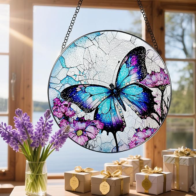 8 Inch Stained Glass Suncatcher Ornament, DOUHASU Butterfly Sun Catchers Indoor Window, Stained Glass Window Hanging, Home Decor, Butterfly Lovers Gifts for Her, Women, Mom, Grandma, Friend