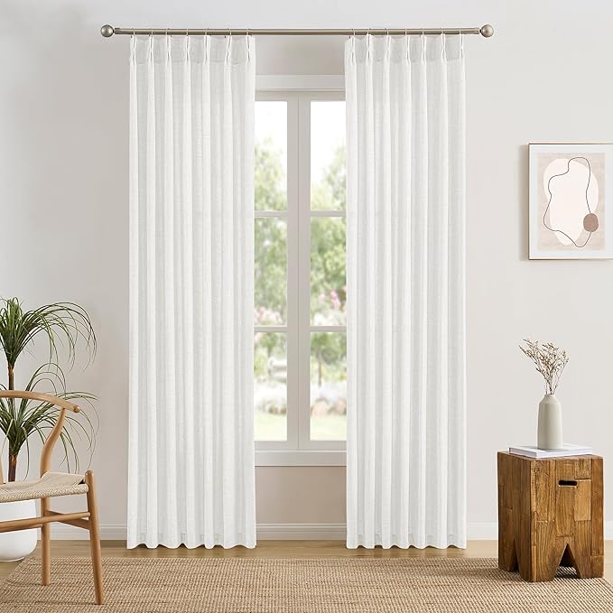 White Linen Pinch Pleated Semi Sheer Curtains 2 Panels 144 Inches Long, Back Tab with Hooks, Window Treatment Curtains for Living Room 42 Inch Wide