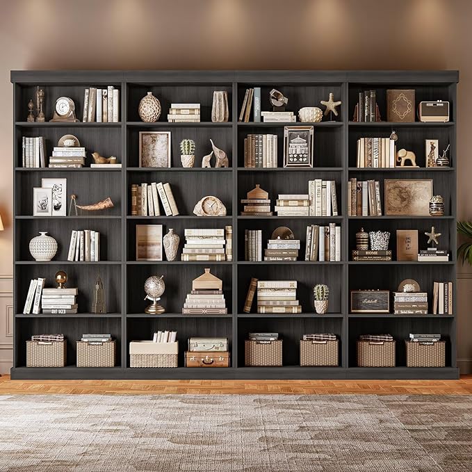 Vyre 70.8" Tall Black Bookshelf, Farmhouse Modular Bookcase with 6-Tier Adjustable Shelves, Large Storage Cabinet for Home Office, Living Room, Set of 3