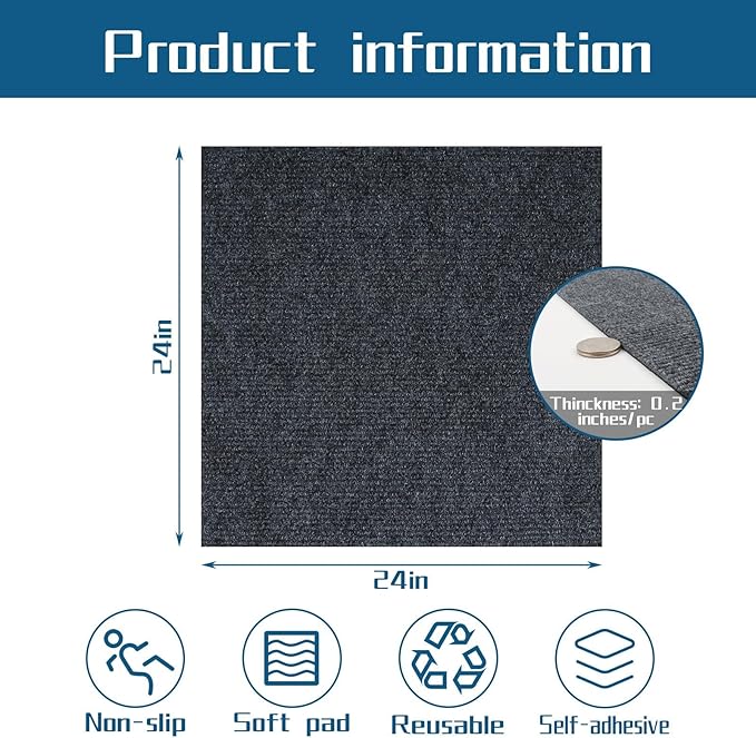 Peel and Stick Carpet Squares 24" x 24", Self Adhesive Non-Slip Carpet Tiles, Peel and Stick Soft Padded Carpet Tiles for Kitchen Bedrooms Indoor Outdoor(10 Tiles/40 sq ft)