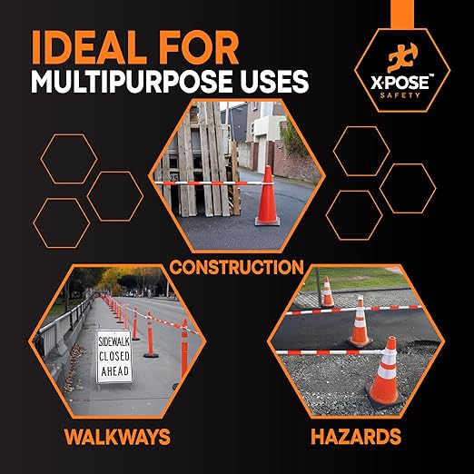 Retractable Barrier for Safety Traffic Cones - 2" OD - Large Yellow and Black Bar Barricade - for Road Construction, Parking, Warning, Temporary Security Divider (1, Orange & White, 53" x 84")