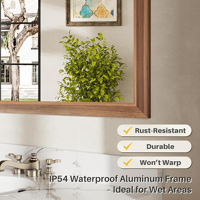 24x32 Inch Bathroom Mirror for Wall, Anti-Rust Walnut Wood Grain Metal Framed Bathroom Mirrors for Over Sink,Rectangler Mirrors for Bathroom Vanity, Farmhouse, Bedroom, Living Room, Entryway Decor