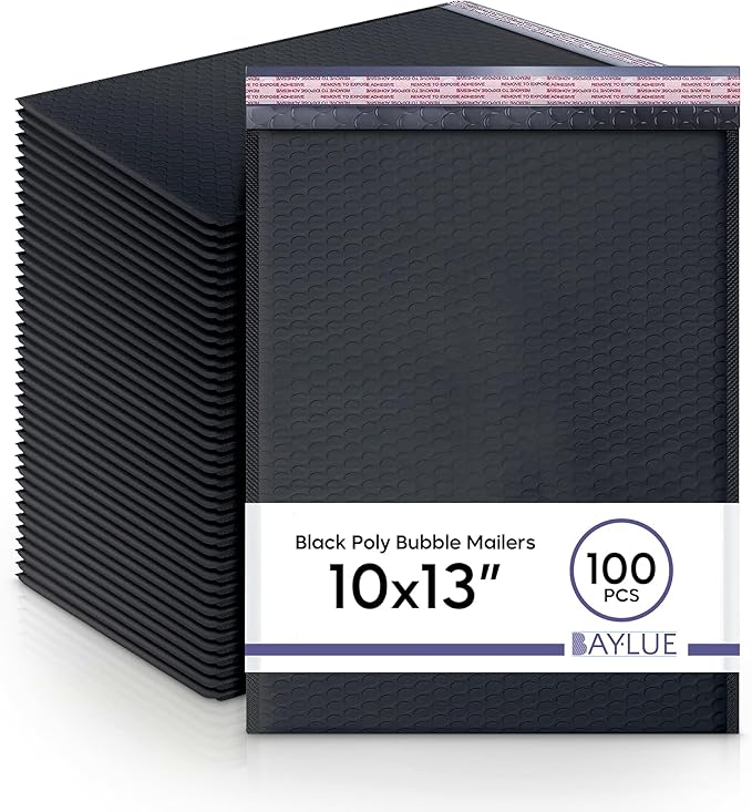 Black 10x13 Inch Poly Bubble Mailers |Self Seal Padded Envelopes for Thick books | Air Cushioned Bubble Mailer | Usable Size 9.5x13 Inch | Waterproof Lightweight Mailing Shipping Bags | 100 Pack Bulk