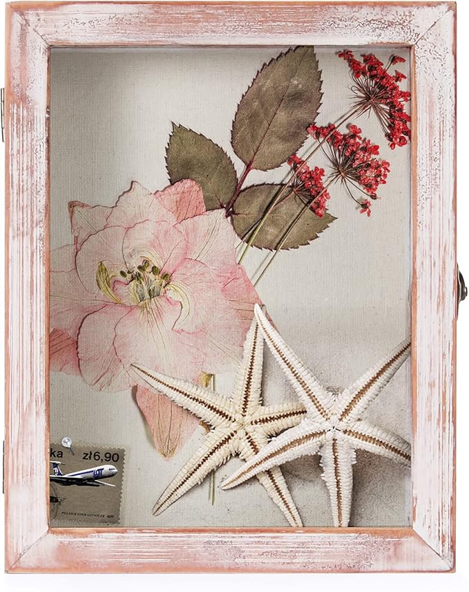 TJ.MOREE Shadow Box Frame 8 x 10 Flower Shadowbox Display Case Picture Frame with Linen Back Memorabilia Bouquet Medals Military Photos Memory Box- White Pink