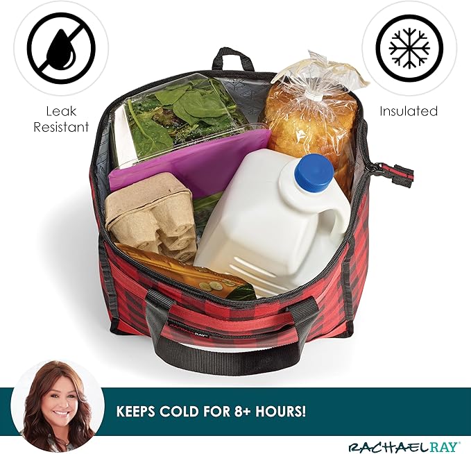 Rachael Ray Chillout Soft Cooler Bag, Large Reusable Insulated Grocery Bag with Zippered Top, Travel Tote for Hot or Cold Food, Grocery Tote Bag