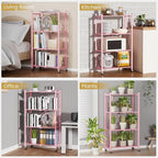 ALANNG Storage Shelves with Wheels, Bookshelf with Storage, No Assembly Metal Rack Shelf for Kitchen, Office, Laundry, Garage (4 Tier, Pink)