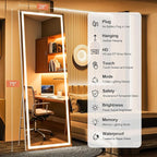Full Length Mirror with Lights, 75" x 28" LED Lighted Floor Standing Body Mirror, Dimmable & 3 Color Lighting for Bedroom, Cloakroom, Dressing Room, Tempered Glass, Square White