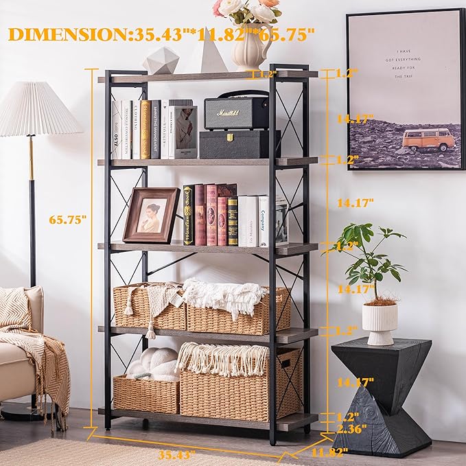 HCHQHS Bookshelf, 5-Tier Industrial Bookcase, Rustic Open Book Shelf, Freestanding Tall Bookshelves with Metal Frame
