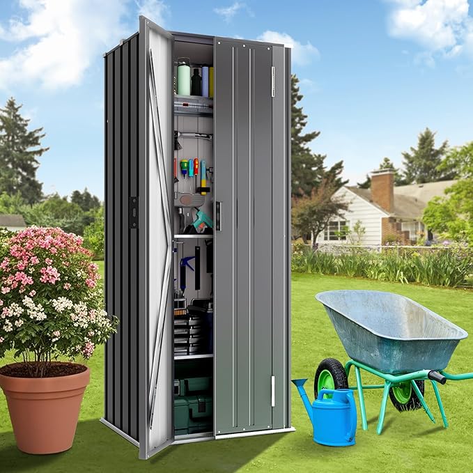Greesum 69'' Metal Storage Shed, 28 Cuft Storaged Cabinet with Lockable Door, Vertical Tool Organization Cabinets with 2 Adjustable Shelves, for Home, Backyard, Patio, Garage, Lawn, Black