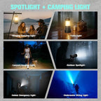 FORTO Rechargeable Spotlight, 1800ft Beam Distance, 5000 Lumens and IPX8 Waterproof 40 ft Depth, Warm Glow Camping Lantern, Perfect for Dog Walking, Camping, Adventure, Home Backup use (Black-Pro)