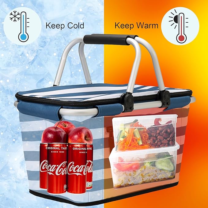 SIYUAN Picnic Basket with Handles 30L Large Stripped Insulated Cooler Leakproof Grocery Shopping Market Tote for Family Blue White