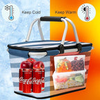 SIYUAN Picnic Basket with Handles 30L Large Stripped Insulated Cooler Leakproof Grocery Shopping Market Tote for Family Blue White