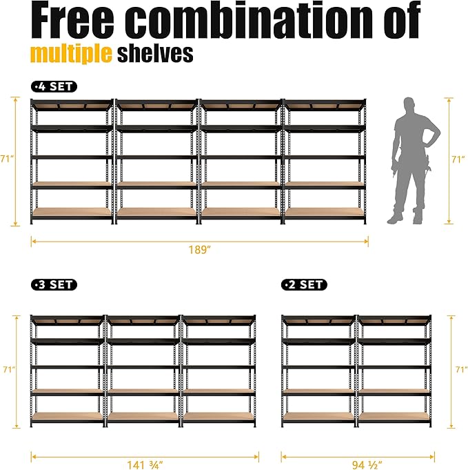 PrimeZone 47" W x 23.6" D x 71" H Large Heavy Duty Storage Shelves - 2 Pack 5 Tier Adjustable Garage Storage Shelving, Metal Storage Utility Rack Shelf Unit for Warehouse Pantry Closet Kitchen, Black