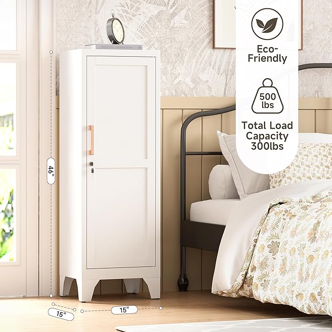 Bestoo Metal Locking Cabinet, 46" H Storage Locker with 1 Magnetic Door and 2 Adjustable Shelves, 3-Tier White Storage Cabinet for Bathroom, Kitchen, Pantry, Home, Office, Garage