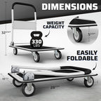 Heavy Duty Foldable Push Cart Dolly | 330 lbs. Capacity | Upgraded Collapsible Hand Truck Folding Platform with Swivel Wheels | Flat Bed Moving Wagon | Space Saving Push Handle (White)