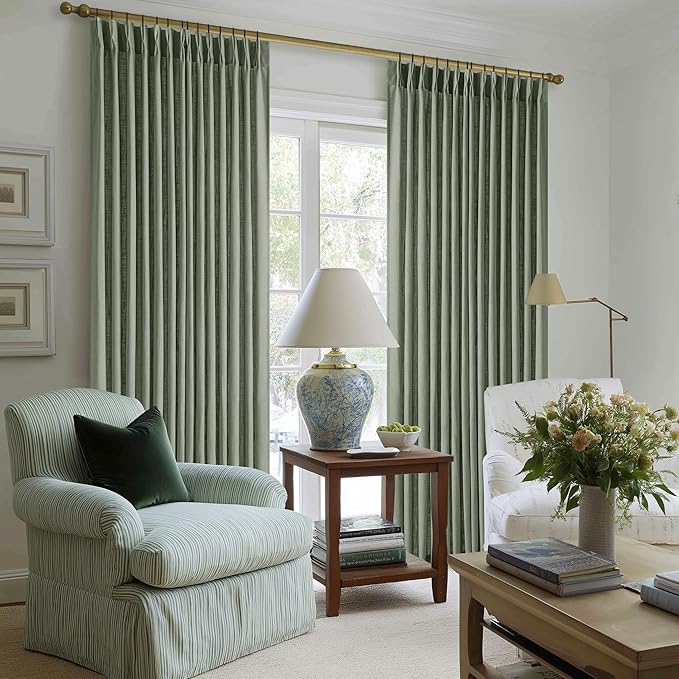 Sage Green Linen Curtains 102 Inches Long 2 Panels for Living Room Modern Thick Linen Flax Pinch Pleated Memory Trained Light Filtering Ceiling Semi Sheer 102 Inch Curtain with Hook Rings Back Tab