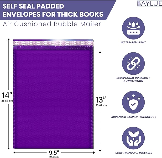 Purple 10x13 Inch Poly Bubble Mailers |Self Seal Padded Envelopes for Thick books | Air Cushioned Bubble Mailer | Usable Size 9.5x13 | Waterproof Lightweight Mailing Shipping Bags | 100 Pack Bulk
