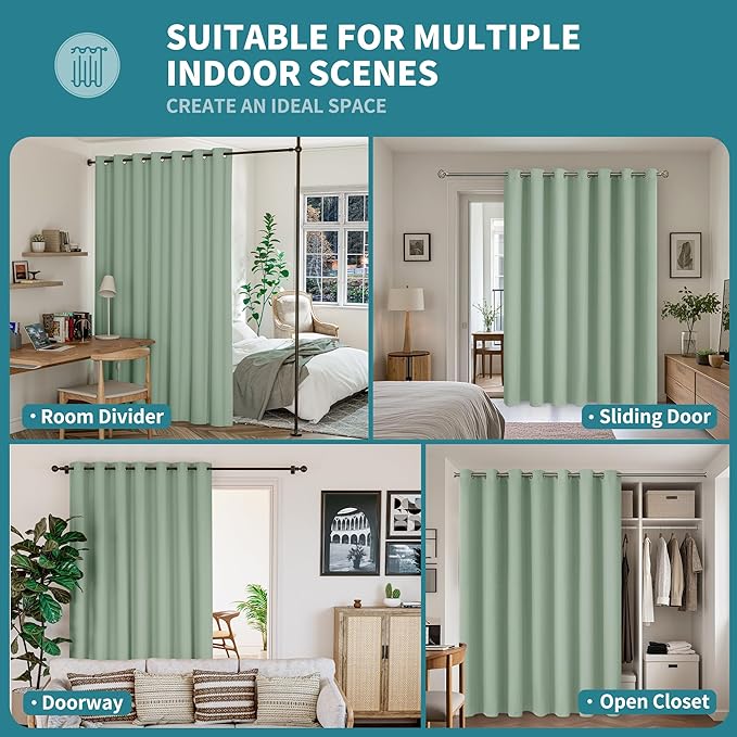 BGment Sliding Door Curtain for Patio 84 Inch Long, Extra Wide Room Divider Room Darkening Blackout Curtain for Bedroom, Thermal Insulated Privacy Window Curtain 1 Panel, Frosty Green, 100 Inches Wide