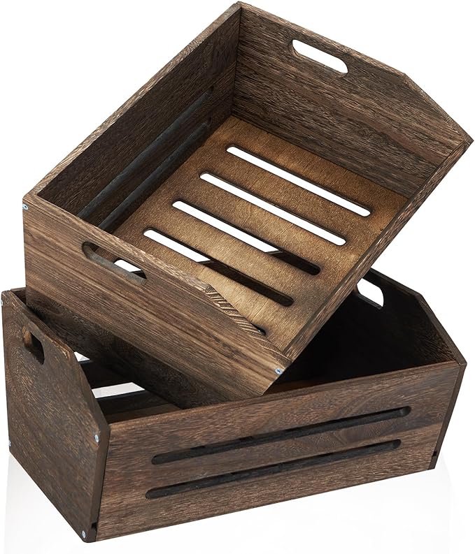 ELONG HOME Rustic Wooden Crate, 2 Pack, Brown, Large, 16.5x12.7x9 Inches, Holds Up to 45 Pounds, Decorative Farmhouse Wooden Crate Basket for Storage and Display