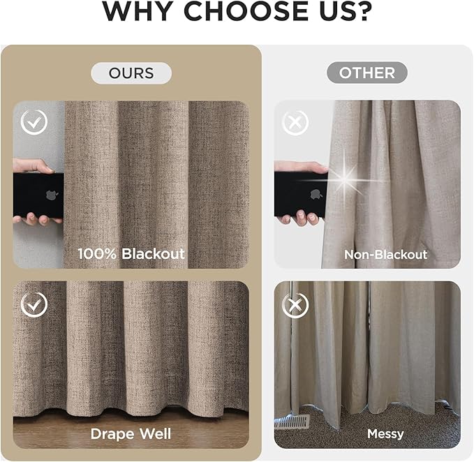 Joydeco Pinch Pleated Curtains - 100% Blackout for Bedroom, Linen Curtains 40" W x 90" L, Thermal Insulated 2 Panels Light Blocking Drapes, Back Tabs for Living Room