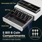 Volcora 16" Push Open Cash Register Drawer for Point of Sale (POS) System, Partial Removable White Heavy Duty Till with 5 Bills/8 Coin Slots, Key Lock and Double Media Slots