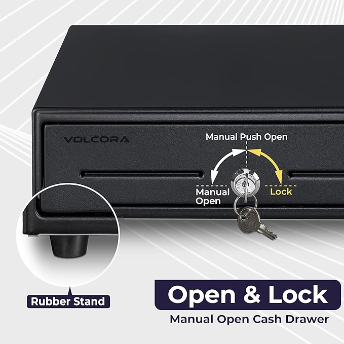 Volcora 13" Manual Push Open Cash Register Drawer for Point of Sale (POS) System, Black Heavy Duty Till with 4 Bills and 5 Coin Slots, Key Lock with Removable Coin Tray and Double Media Slots