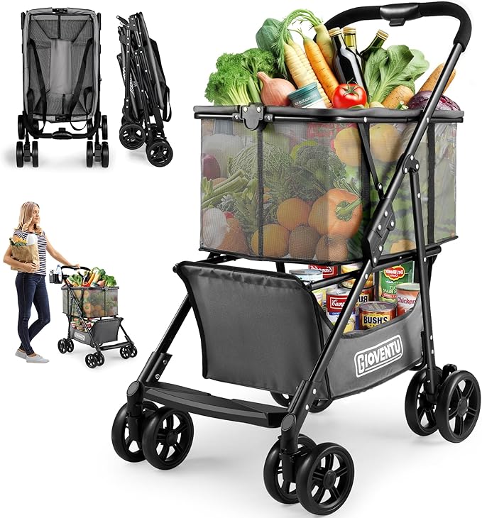 𝐈𝐦𝐩𝐫𝐨𝐯𝐞𝐝 𝐕𝐞𝐫𝐬𝐢𝐨𝐧 Folding Shopping Cart for Groceries, 80lbs Collapsible Grocery Cart with Removable Basket and Swivel Wheels, One-Hand Fold, Portable Personal Stroller Shopping Carts