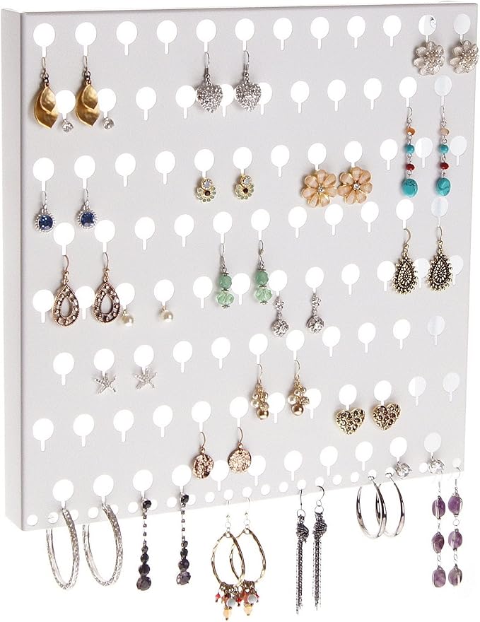 Angelynn's Wall Mounted Earring Holder Organizer Display for Small and Medium Women Post Stud Dangle Pierced Earrings, Hanging Closet Jewelry Storage Rack, Sariea White 12"x12"