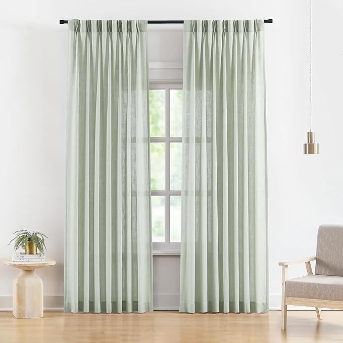 Vision Home Soft Green Pinch Pleated Semi Sheer Curtains Textured Linen Blended Light Filtering Window Curtains 95 inch for Living Room Bedroom Pinch Pleat Drapes with Hooks 2 Panels 40" Wx95 L