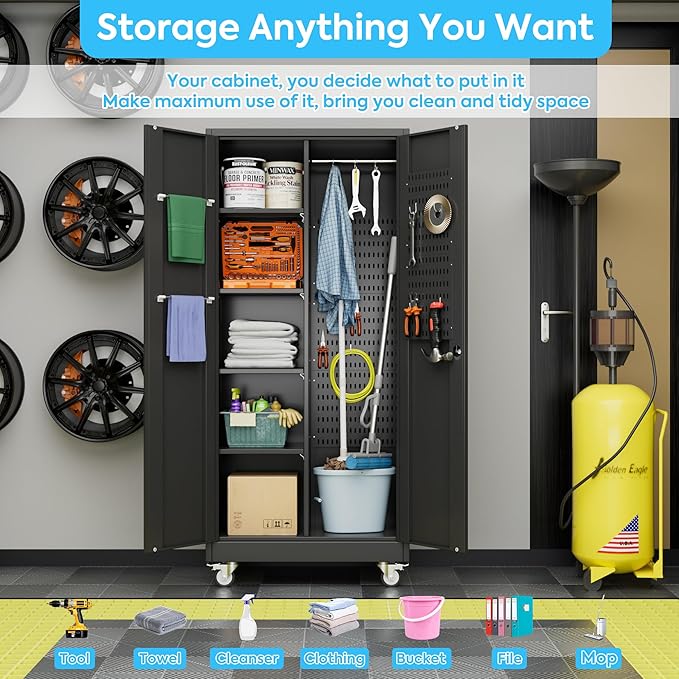 Garage Storage Cabinet with Wheels and 5 Pegboard, Metal Storage Cabinets with 2 Doors and 4 Shelves, Broom Closet Storage Cabinet with Hanging Rod and 13 Hooks, 70.87" Hx33.5 Wx17.7 D, Black
