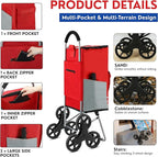 Shopping Cart, Super Loading Stair Climber 220 lbs Capacity Grocery Foldable Cart with Extra Large Shopping Bag Laundry Utility Cart with Adjustable Bungee Cord, red