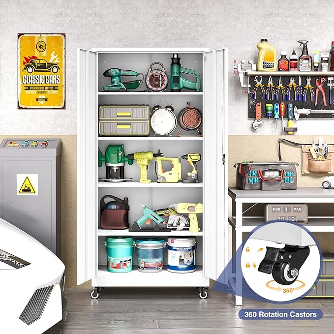 Metal Storage Cabinet with Wheels, Tall Garage Storage Cabinet with 4 Adjustable Shelves and 2 Doors, Lockable Tool Cabinet for Garage Home Office,Gym,School (White)