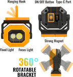 LED Rechargeable Work Light, 2Pack 1500LM Portable COB Magnetic Lights with 3 Modes & 360°Rotatable, IPX4 Waterproof Worklight for Car Repairing, Job Site Lighting, Emergency (2 PCS)
