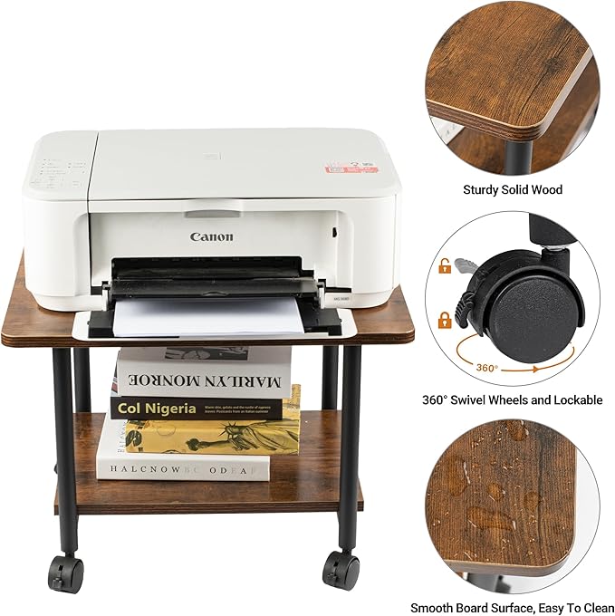 Under Desk Printer Stand - 2-Tier Industrial Mobile Printer Table with Storage Shelf, Heavy Duty Wood Rolling Printer Cart with Wheels for Home and Office,Rustic Brown