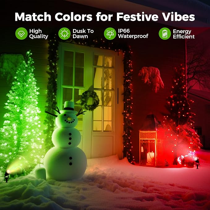 L LOHAS LED Christmas Spotlight Outdoor, Green Spot Lights for Yard, Auto On/Off 5W 120V Landscape Lighting for House, Holiday, Trees, Decoration, 450LM IP66 Waterproof, UL Listed, 2 Pack