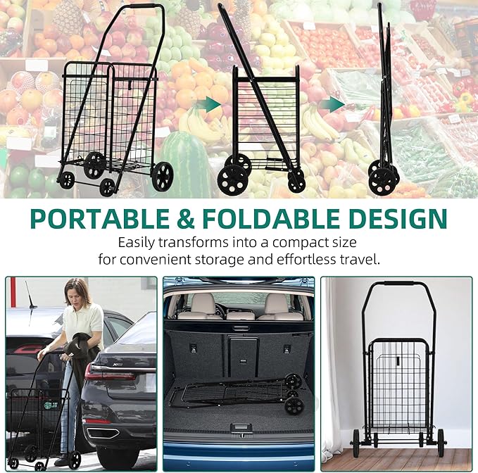 YITAHOME Folding Shopping Cart with Wheels, Portable Collapsible Grocery Cart for Seniors, Rolling Utility Cart for Laundry, Storage & Organizer (Foldable, Easy Carry)