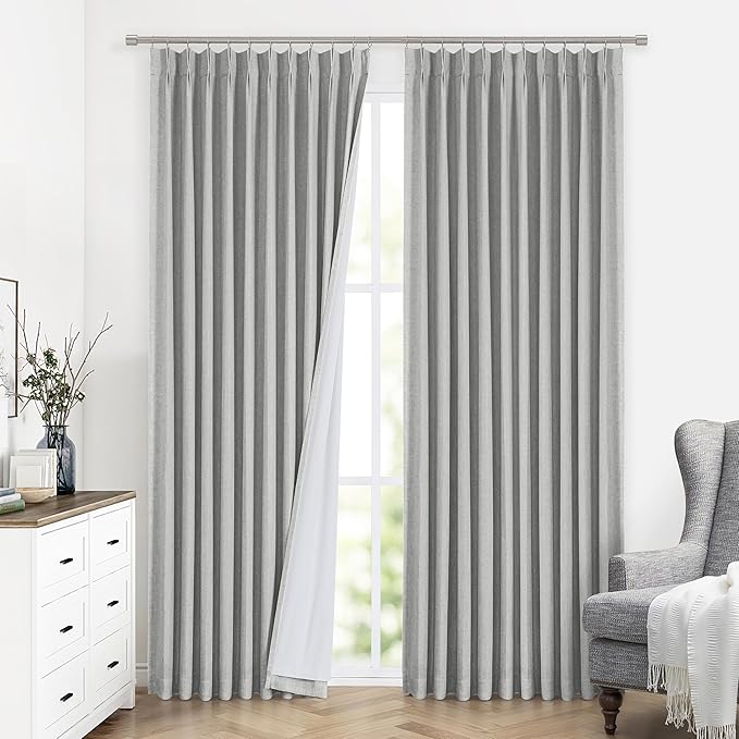 Vision Home Light Gray Pinch Pleated Full Blackout Curtains Linen Blended 60" Wide Thermal Insulated Window Panels 90 inch for Bedroom Living Room Darkening Pleat Drapes with Hooks Back Tab 60"Wx90Lx1
