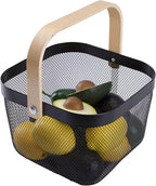 IBWell Square Metal Wire Woven Fruit Storage Bowl Basket with Wooden Handle, Large Black Mesh Fruit Stand, Multi-function Hanging Kitchen Baskets (Black, Nomal 2PCS)