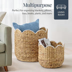Best Choice Products 3pc Water Hyacinth Scalloped Multipurpose Nesting Baskets, Storage Bin Organization Totes for Living Room, Bedroom, Nursery, Laundry Room - Natural w/White Trim