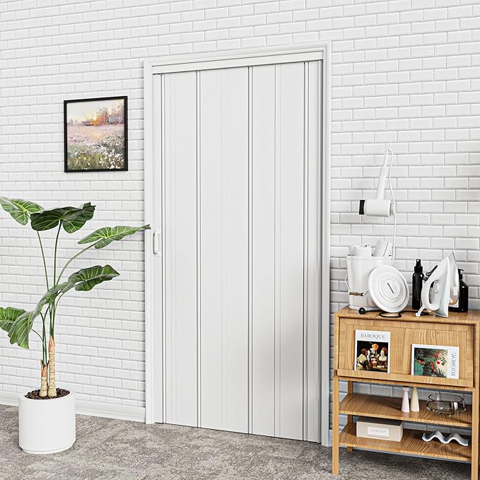 37-48 x 80in Enhanced Accordion Doors Interior Folding Door, White PVC Accordion Door with Upgraded Roller & Handle & Complete Hardware, for Closet Bathroom Doorways