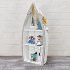 Morning View 2-Shelf Wood Boat Shelf, Nautical Decor with Fishing Net, Starfish, Seashells - Wall Mount or Tabletop Display - Beach Themed Home Decor, White, 6.7x3x16.5 Inch