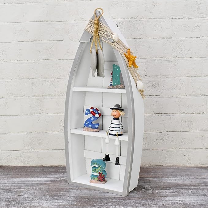 Morning View 2-Shelf Wood Boat Shelf, Nautical Decor with Fishing Net, Starfish, Seashells - Wall Mount or Tabletop Display - Beach Themed Home Decor, White, 6.7x3x16.5 Inch