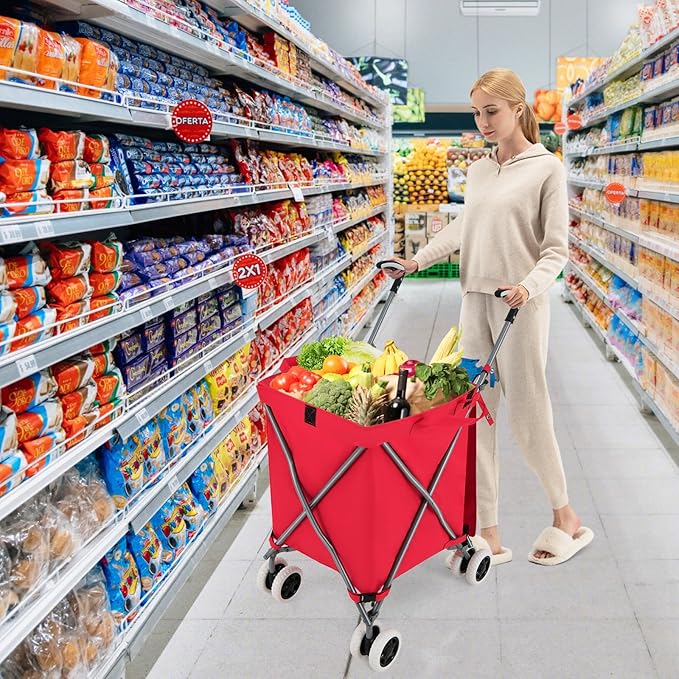 GOFLAME Folding Shopping Cart on Wheels, Waterproof Grocery Cart with Removable Cover and 360° Swiveling Wheels, Collapsible Utility Cart for Groceries and Laundry, 120LBS Load Capacity, Red