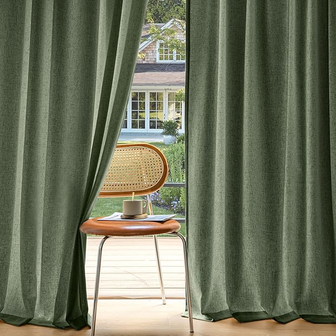 MIULEE Non-See-Through Privacy Linen Curtains 2 Panels, Olive Green Light Filtering Window Curtains Farmhouse Textured Back Tab Semi Sheer Drapes for Bedroom Living Room 72 Inches Long Dark Green
