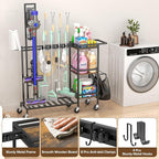 Housolution Cleaning Utility Cart on Wheels, Multifunctional Cleaning Tools Supplies Organizer with Broom and Mop Holder, Vacuum Stand Compatible with Dyson, Rolling Storage Cart for Home