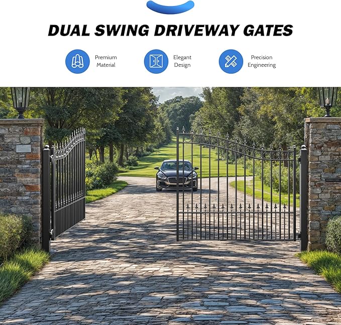 ZUMI Dual Swing Driveway Gates, 14x6 ft. Outdoor Steel Swing Gates for Driveway, Heavy-Duty Driveway Fence Gates for Home Security, Weatherproof Iron Security Gate Kit for Outdoor, Sydney