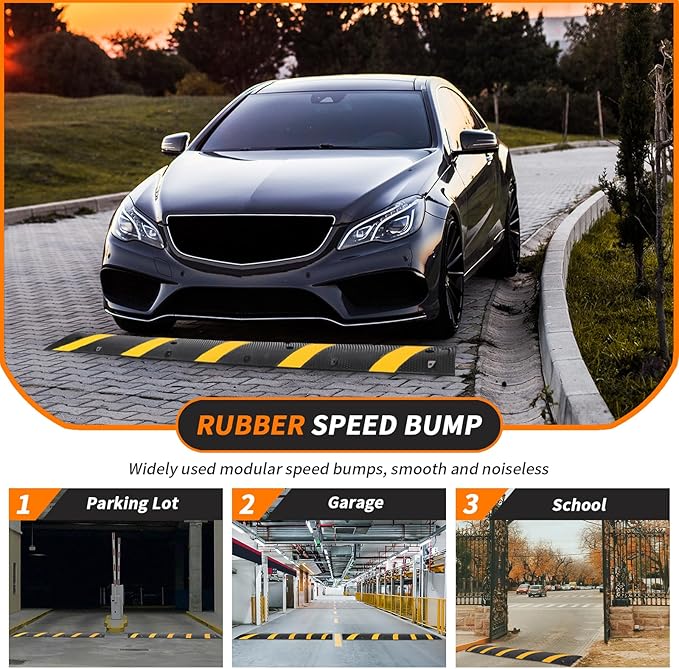 39.4" Rubber Speed Bumps 2 Pack - Heavy Duty Driveway & Parking Cable Protector Ramps, 2-Channel Modular Design for Asphalt & Gravel Roads, Includes 6 Bolts & Spikes